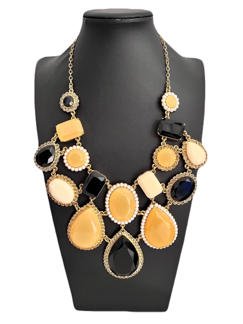Y2K Kate Spade Black and Gold Bib Jeweled Statement Necklace, 21”